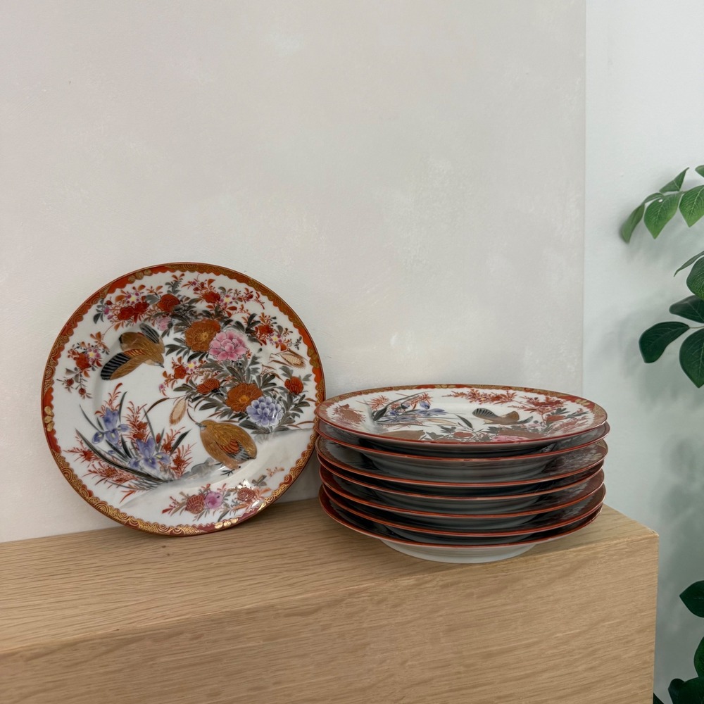Vintage Japanese Kutani Antique Porcelain Bird Flower Plates 8 Hand Painted 7"
